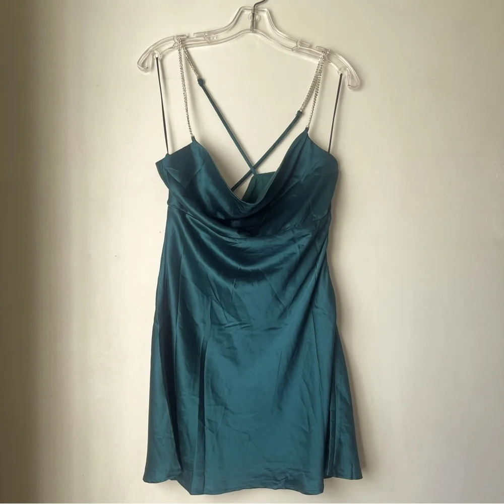 Princess Polly Mazie Green Satin Rhinestone Strap Mini Dress 8 - Picture 1 of 9